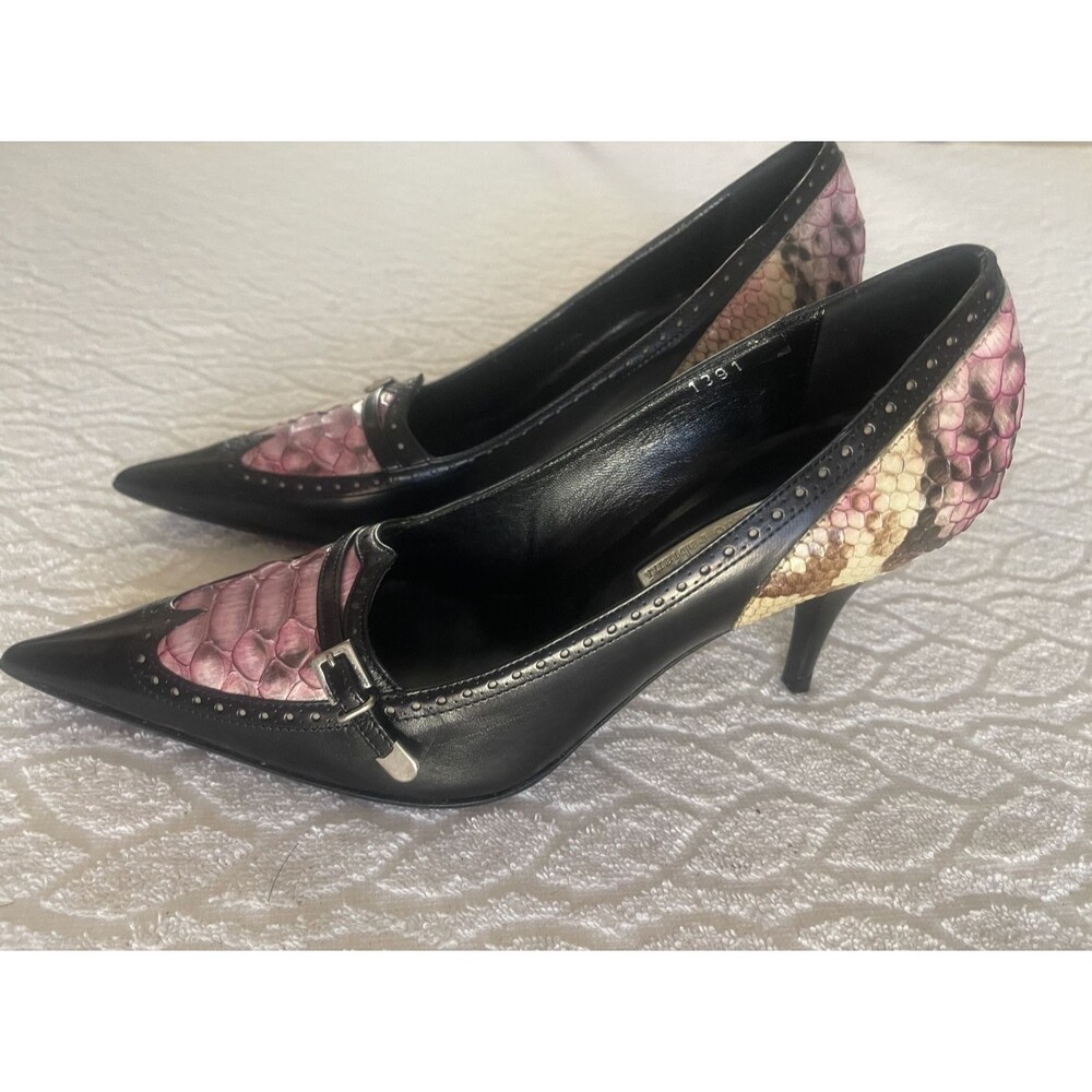 MARINO FABIANI Y2K Sz 6.5 Pink Snake-Print Embossed Leather Women's Black Heels
